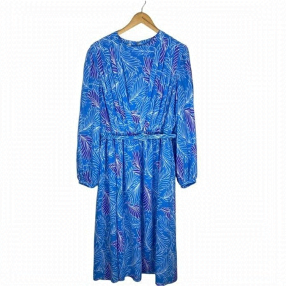 MISSY HOUSE Vintage Blue Floral Hibiscus Pleated Front Belted Dress US 17-18